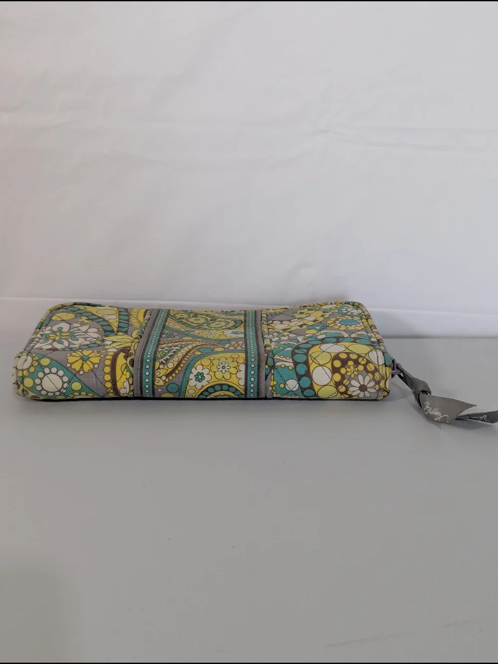 Vera Bradley Zip Around Wallet Paisley Floral Quilted Cotton Gray Yellow Blue
